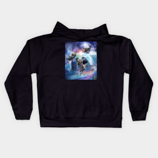 Rainbow Galaxy Cat Riding Shark In Space Kids Hoodie